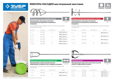 Миксер ЗУБР "ПРОФЕССИОНАЛ" для красок, шестигранный хвостовик, оцинкованный 100х600 мм