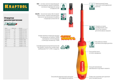 Отвертка KRAFTOOL, высоковольтная, Cr-Mo-V стержень, маслобензостойкая рукоятка, SL, 4, 0х100 мм