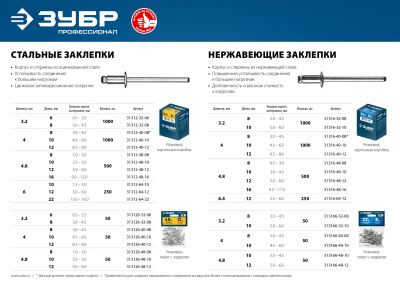 Нержавеющие заклепки, 3.2 х 8 мм, 50 шт, ЗУБР Профессионал