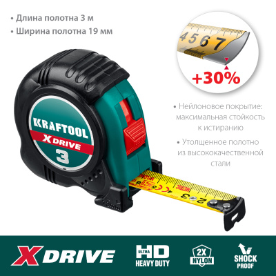 Рулетка с ударостойким обрезиненным корпусом KRAFTOOL X-Drive 3м / 19мм