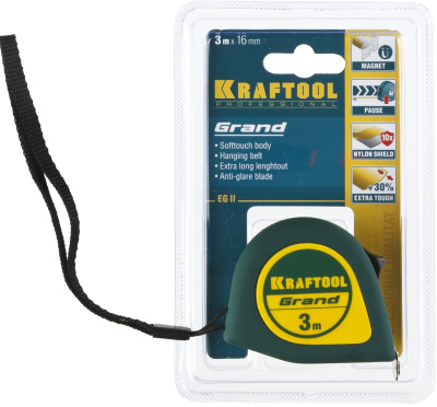 Рулетка KRAFTOOL GRAND, обрезиненный пластиковый корпус, 3м/16мм