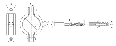 Хомут трубный с гайкой, оцинкованный, в комплекте с шпилькой и дюбелем, 1", 1шт, ЗУБР