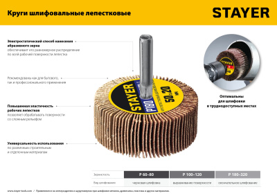 Круг шлифовальный STAYER лепестковый, на шпильке, P180, 50х20 мм