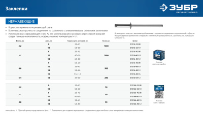 Нержавеющие заклепки, 3.2 х 8 мм, 50 шт, ЗУБР Профессионал