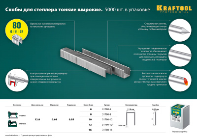 Скобы для степлера тонкие широкие тип 80, 5000 шт KRAFTOOL 6 мм