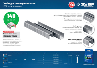 Скобы для степлера широкие тип 140, 1000 шт ЗУБР 8 мм