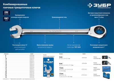 Комбинированный гаечный ключ трещоточный 22 мм, ЗУБР