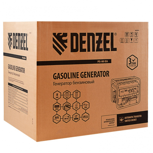 Генератор бензиновый PS 80 EA, 8,0 кВт, 230В, 25л, коннектор автоматики, электростартер Denzel 94692