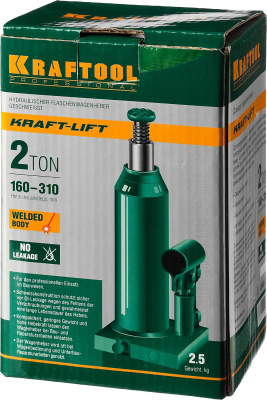 Домкрат гидравлический бутылочный "Kraft-Lift", сварной, 2т, 160-310 мм, KRAFTOOL 43462-2