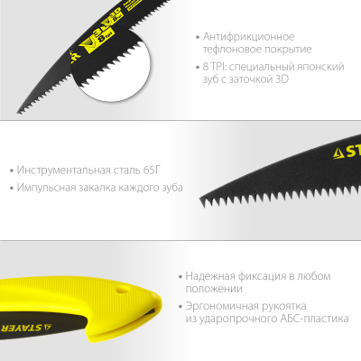 Ножовка складная походная (пила) STAYER МАХСut 160 мм, 8TPI, 3D японский зуб, пиление "на себя"