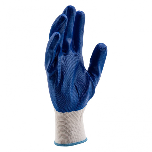 Перчатки полиэфирные с синим нитрильным покрытием маслобензостойкие, L, 15 класс вязки Сибртех