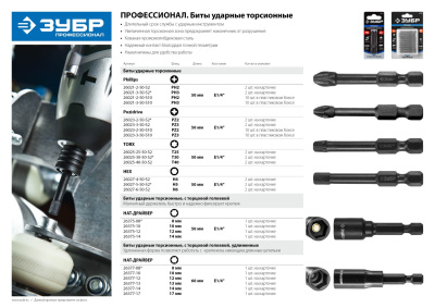 Бита ЗУБР "ПРОФИ" с торцовой головкой, магнитная, хвостовик E 1/4", L=50 мм, 14мм, 1шт 