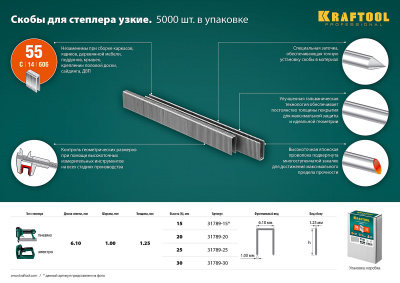 Скобы для степлера узкие тип 55, 5000 шт KRAFTOOL 20 мм