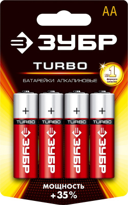 Щелочная батарейка 1.5 В, тип АА, 4 шт, ЗУБР Turbo