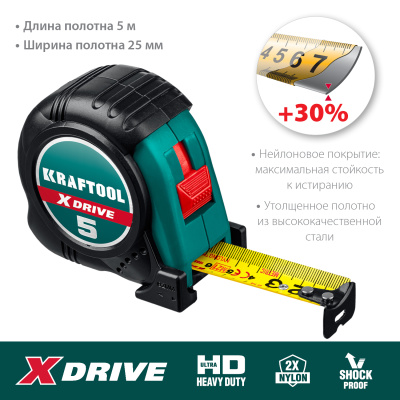 Рулетка с ударостойким обрезиненным корпусом KRAFTOOL X-Drive 5м / 25мм