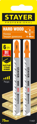 Полотна для эл/лобзика T144DF, Bi-Metal, по дереву, ДВП, ДСП, Т-хвостовик, шаг 4мм, 75мм, 2шт, STAYE