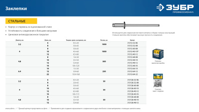 Стальные заклепки, 4.0 х 10 мм, 1000 шт, ЗУБР Профессионал