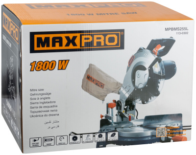 MAX-PRO Пила торцовочная 1800 Вт, 4500об/мин, лазер, 255/25,4мм, резиновый кабель, левый наклон, доп