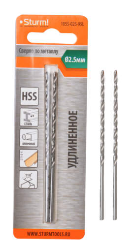 1055-025-95L Cверло по металлу Sturm 2,5х95 мм, сталь HSS, удлинен., 118° ,блистер 2 шт