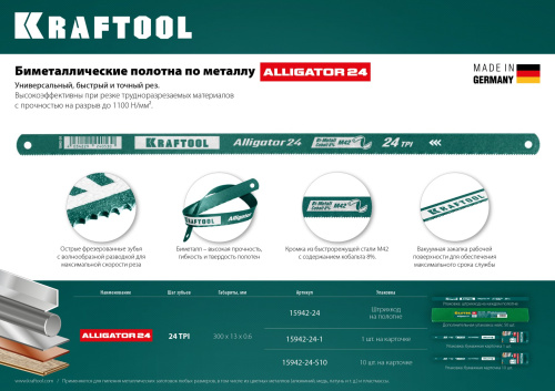 Полотно KRAFTOOL "KRAFT-FLEX" по металлу, Bi-Metal, 24TPI, 300 мм, 10 шт