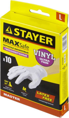 Перчатки STAYER "MASTER" виниловые экстратонкие, L, 10шт 