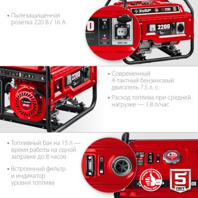 Бензиновый генератор, 2200 Вт, ЗУБР СБ-2200