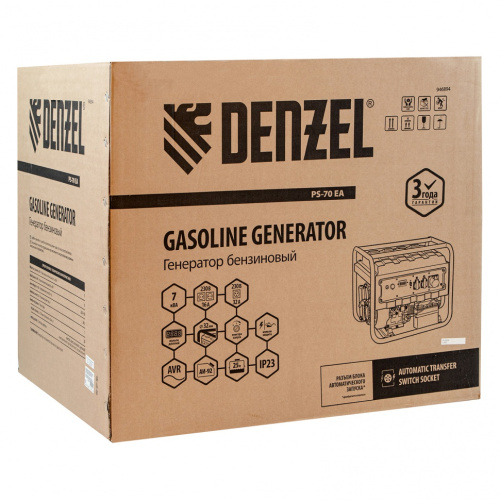 Генератор бензиновый PS 70 EA, 7,0 кВт, 230В, 25л, коннектор автоматики, электростартер Denzel