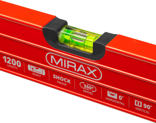 Уровень коробчатый усиленный MIRAX, утолщенный профиль, 3 противоударных ампулы, с ручками, 120 см