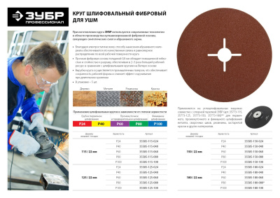 Круг шлифовальный ЗУБР "ПРОФИ" фибровый, для УШМ, P80, 115х22мм, 5 листов