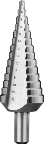 Сверло ЗУБР ступенчатое по сталям и цвет. мет. ст. Р6М5, 4-30 мм, 14ступ., трехгран. хв.10 мм