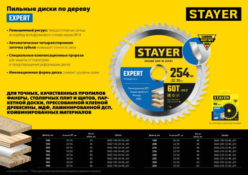 Диск пильный по дереву, точный рез STAYER EXPERT 190 x 20/16мм 48Т