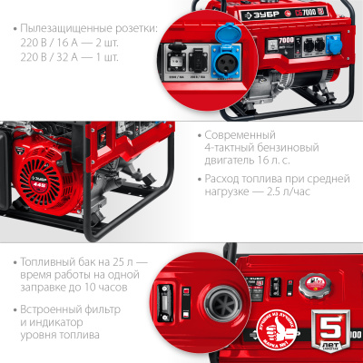 Бензиновый генератор, 7000 Вт, ЗУБР СБ-7000