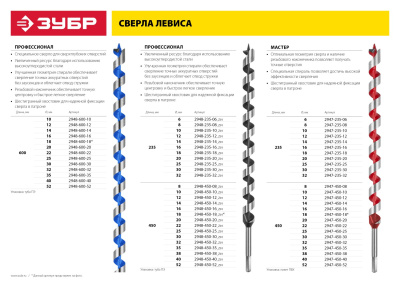 Сверло по дереву, спираль Левиса, HEX хвостовик, ЗУБР Эксперт 2948-450-12, 12х450 мм