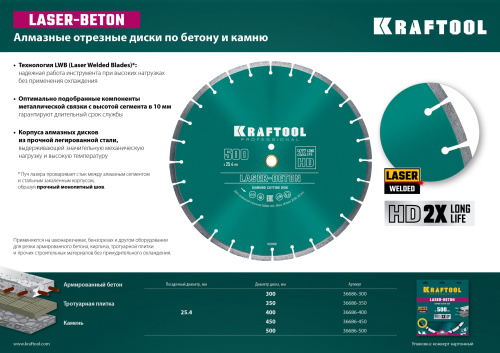 Диск алмазный отрезной по бетону и камню, KRAFTOOL LASER-BETON 500 мм