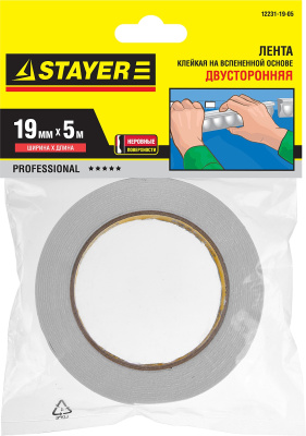 Двухсторонняя клейкая лента на вспененной основе, STAYER Professional 12231-19-05, белая, 19мм х 5м