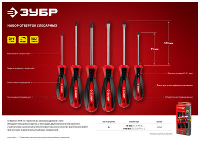 Набор: Отвертки слесарные ЗУБР "МАСТЕР" 25066, Cr-V сталь, магнитный наконечник, в коробке, 6 предм.