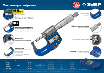 Микрометр ЗУБР "ЭКСПЕРТ" гладкий цифровой, МКЦ 50, диапазон 25-50 мм, шаг измерения 0, 001мм 