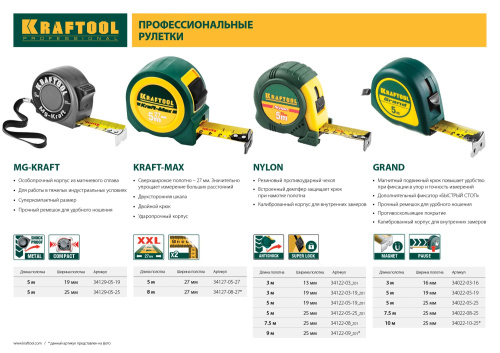 Рулетка KRAFTOOL GRAND, обрезиненный пластиковый корпус, 8м/25мм