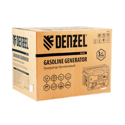 Генератор бензиновый PS 28, 2,8 кВт, 230В, 15л, ручной стартер Denzel