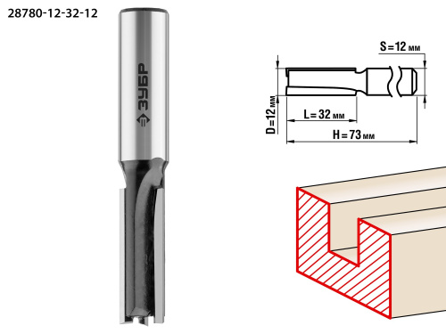 Фреза пазовая прямая, 12 мм, рабочая длина-32 мм, хв.-12 мм, ЗУБР Профессионал