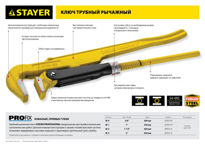 Ключ трубный STAYER "PROFI" рычажный, кованый, прямые губки, № 0, 3/4"