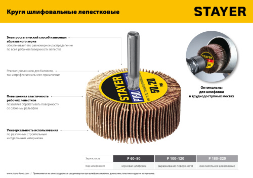 Круг шлифовальный STAYER лепестковый, на шпильке, P80, 60х30 мм