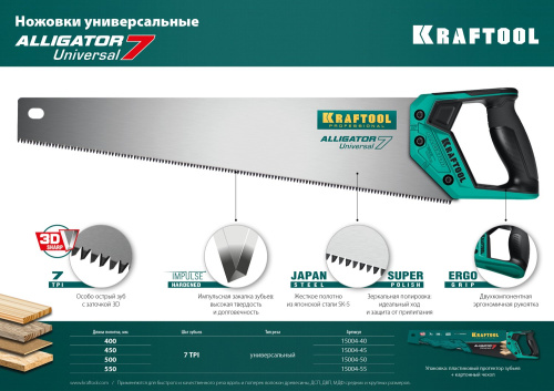 Ножовка универсальная "Alligator Universal 7", 550 мм, 7 TPI 3D зуб. KRAFTOOL