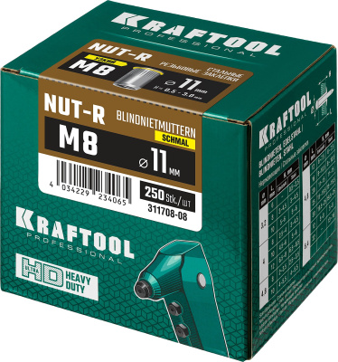 Резьбовые заклепки Nut-R, М8, 250 шт, стальные с насечками, уменьш. бортик, Kraftool