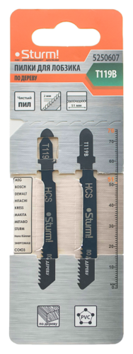 5250607 Пилки для лобзика T119B 2шт,прям.чист.рез,2-15мм,мягк.древ.,ДСП,ДВП,столяр.плиты,Sturm