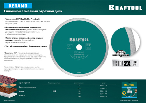 Диск алмазный отрезной сплошной по керамограниту, керамической плитке, KRAFTOOL KERAMO 125 мм