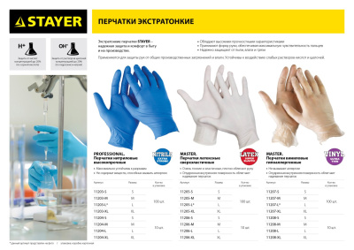 Перчатки STAYER "PROFI" нитриловые экстратонкие, S, 100шт