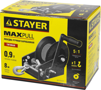 Лебедка ручная барабанная STAYER "MASTER", тяговая, тросовая, 0, 9т, 8м