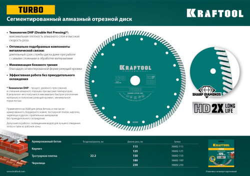 Диск алмазный отрезной сегментированный по армированному бетону, кирпичу, 115 мм KRAFTOOL TURBO