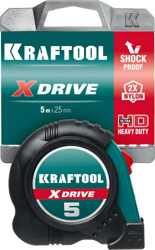 Рулетка с ударостойким обрезиненным корпусом KRAFTOOL X-Drive 5м / 25мм